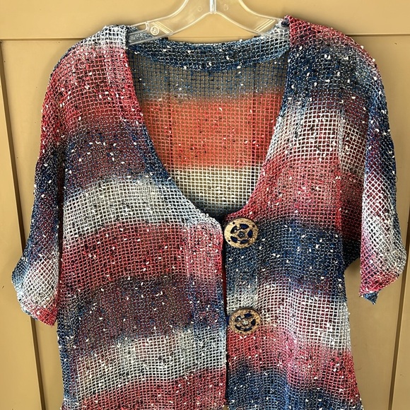 Boho Mesh Knit Cardigan One Size Blue Red White Slouchy - Picture 2 of 8